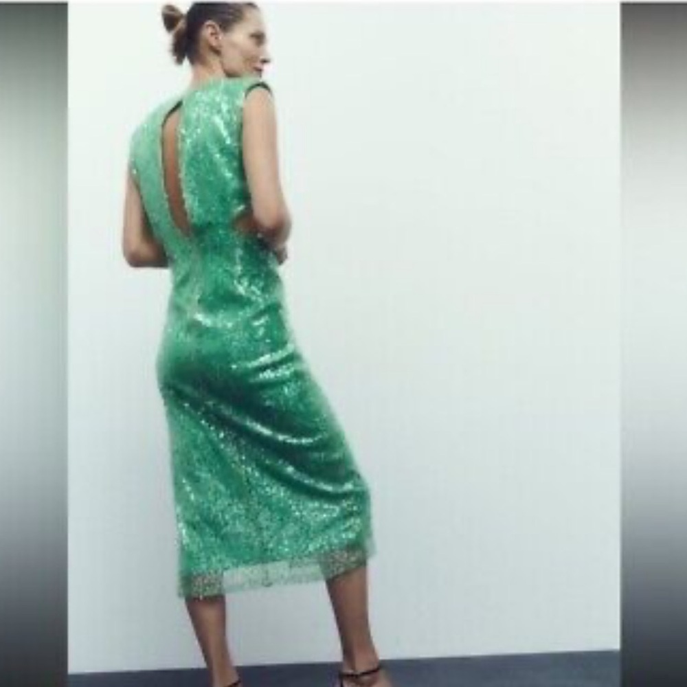 Zara NWT sea green sequin midi cut out dress 7990/908 - Picture 5 of 10